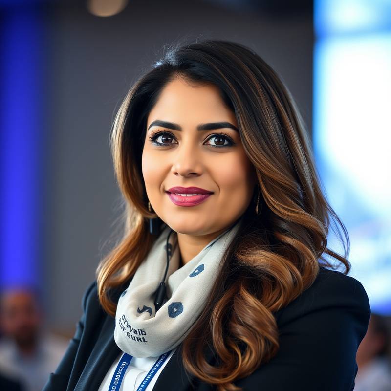 Headshot of Aisha Khan speaking at a conference